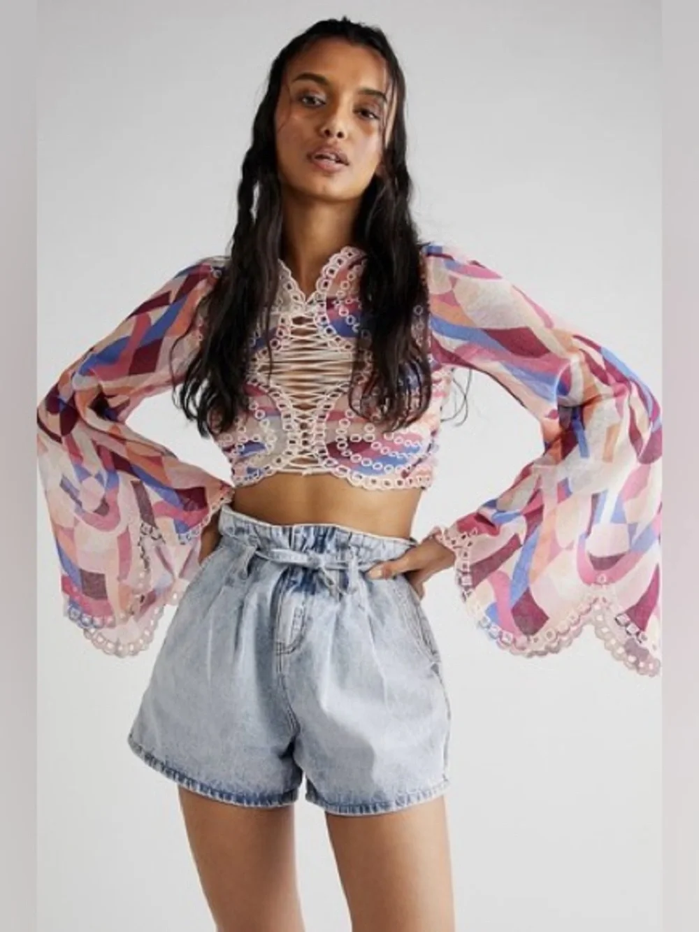 Free People Eyes On You- Crochet Lace-Up Eyelet Cropped long sleeve festival top